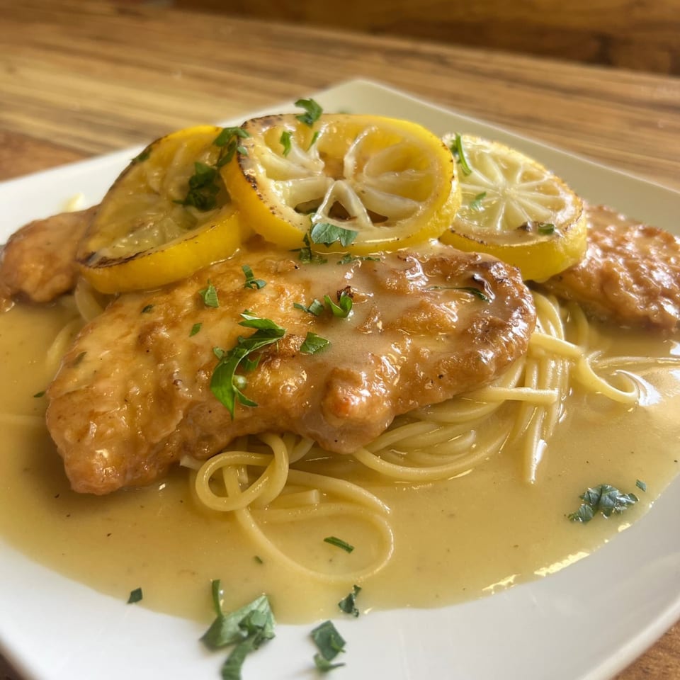 Chicken piccata with spaghetti, lemon slices, and parsley on a white plate from Capri Pizza.